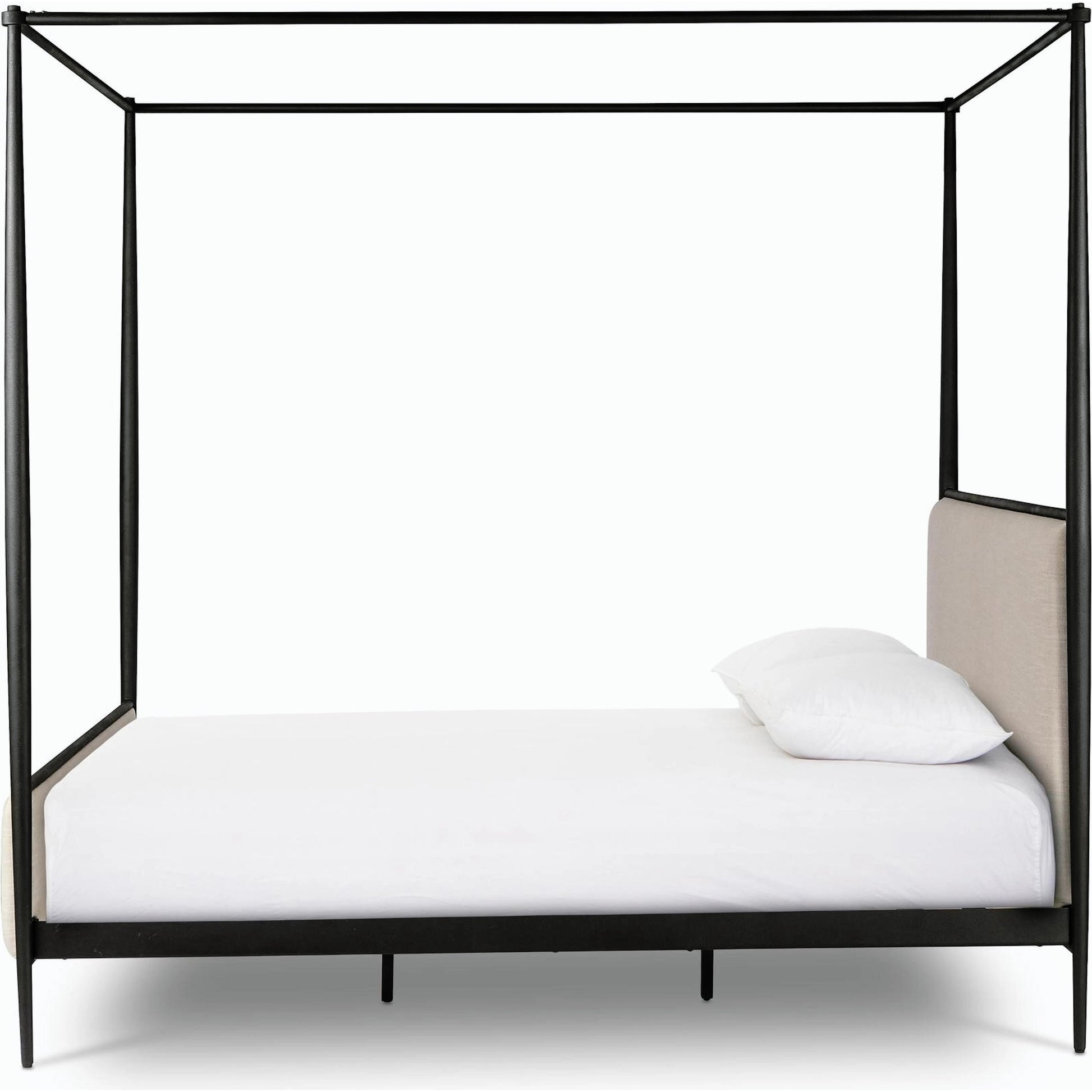 Xander Canopy Bed by Four Hands in savoy parchment, textured black iron. Made from 54% polyester, 36% viscose (rayon), 10% flax/linen, iron in a modern style.