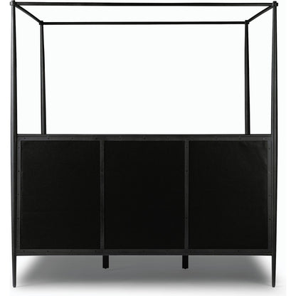 Xander Canopy Bed by Four Hands in savoy parchment, textured black iron. Made from 54% polyester, 36% viscose (rayon), 10% flax/linen, iron in a modern style.