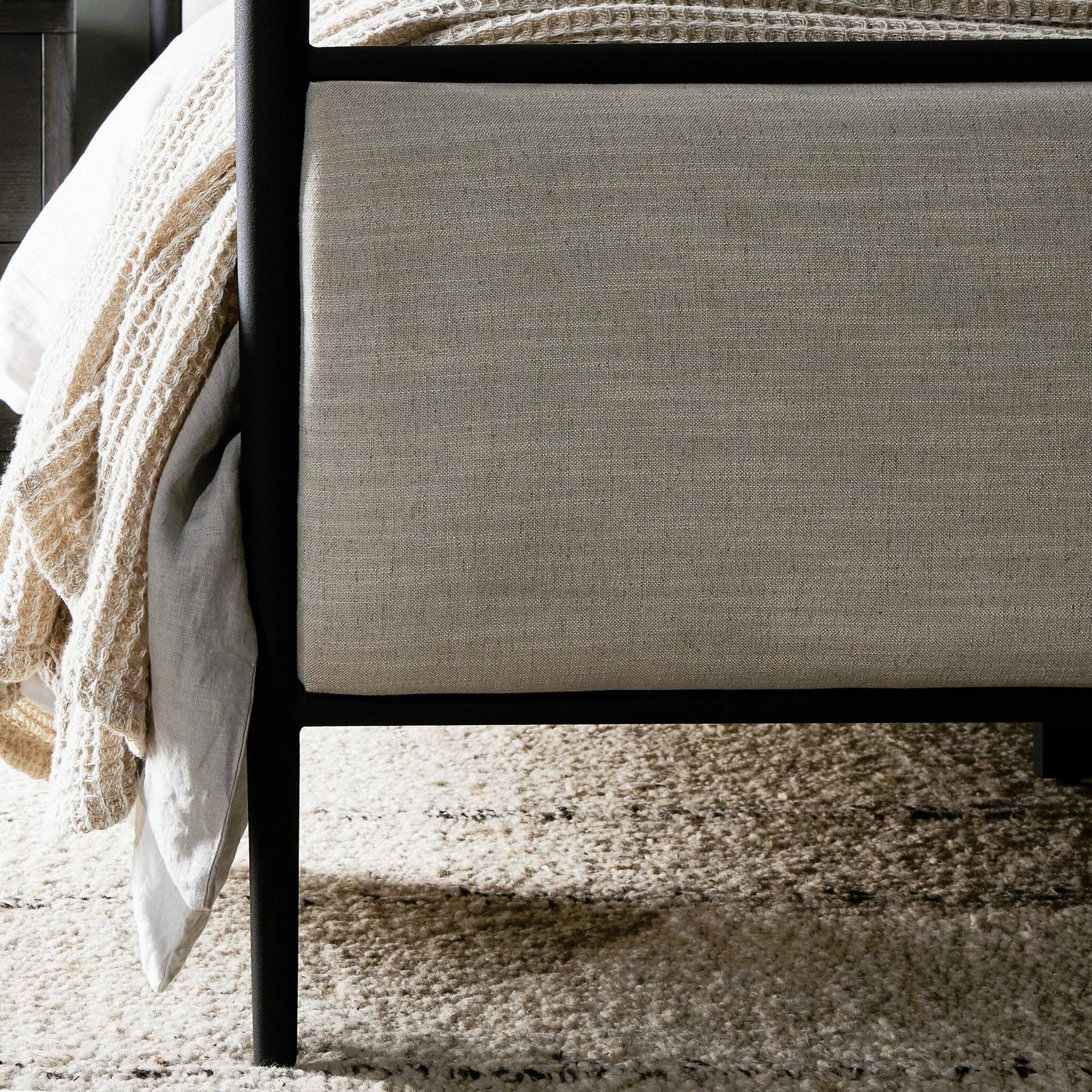 Xander Canopy Bed by Four Hands in savoy parchment, textured black iron. Made from 54% polyester, 36% viscose (rayon), 10% flax/linen, iron in a modern style.