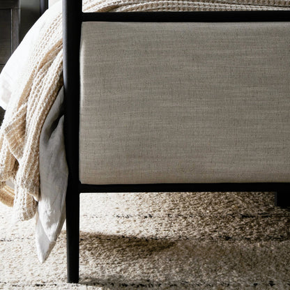 Xander Canopy Bed by Four Hands in savoy parchment, textured black iron. Made from 54% polyester, 36% viscose (rayon), 10% flax/linen, iron in a modern style.