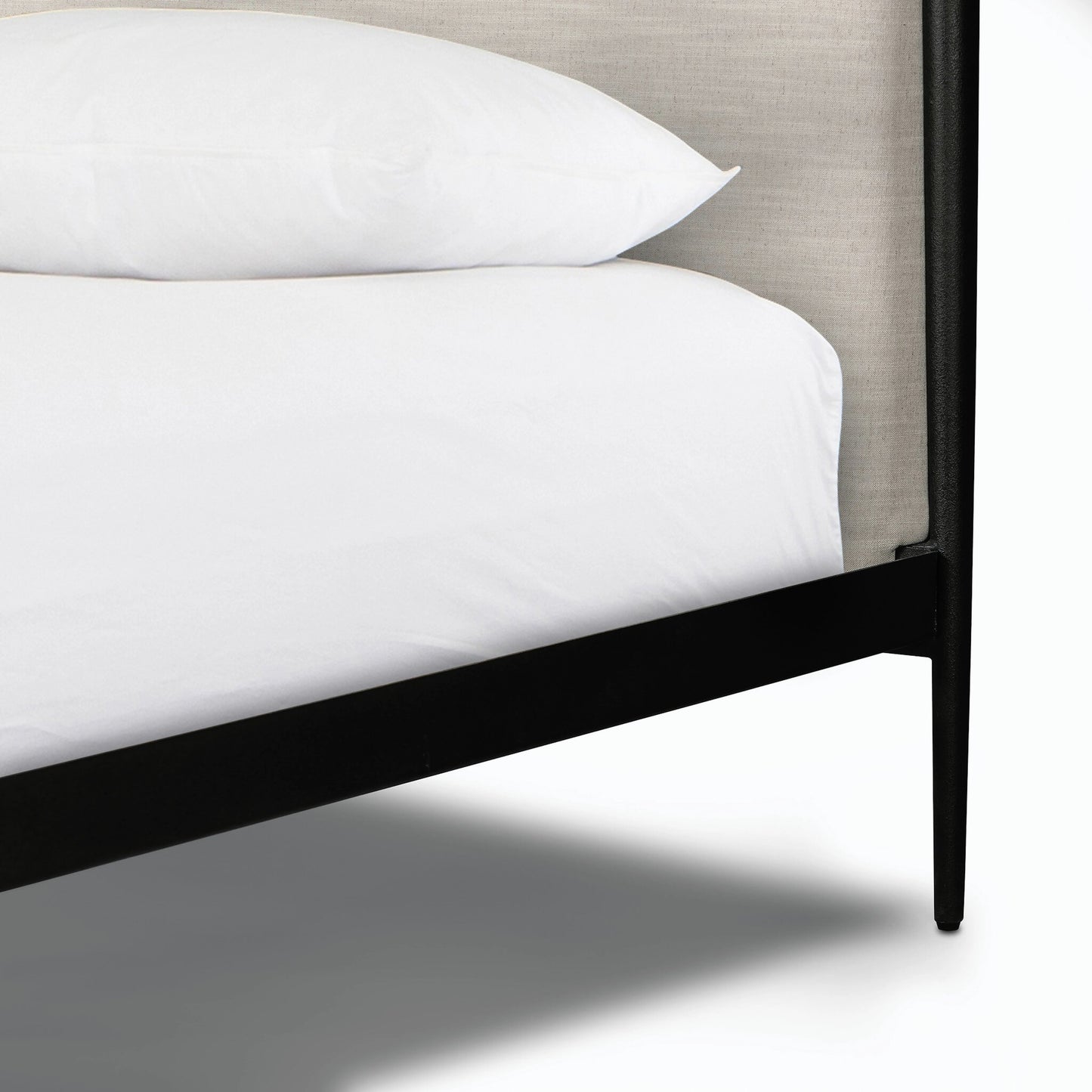 018 SI-2158601 | Closeup | Xander Canopy Bed by Four Hands in savoy parchment, textured black iron. Made from 54% polyester, 36% viscose (rayon), 10% flax/linen, iron in a modern style.