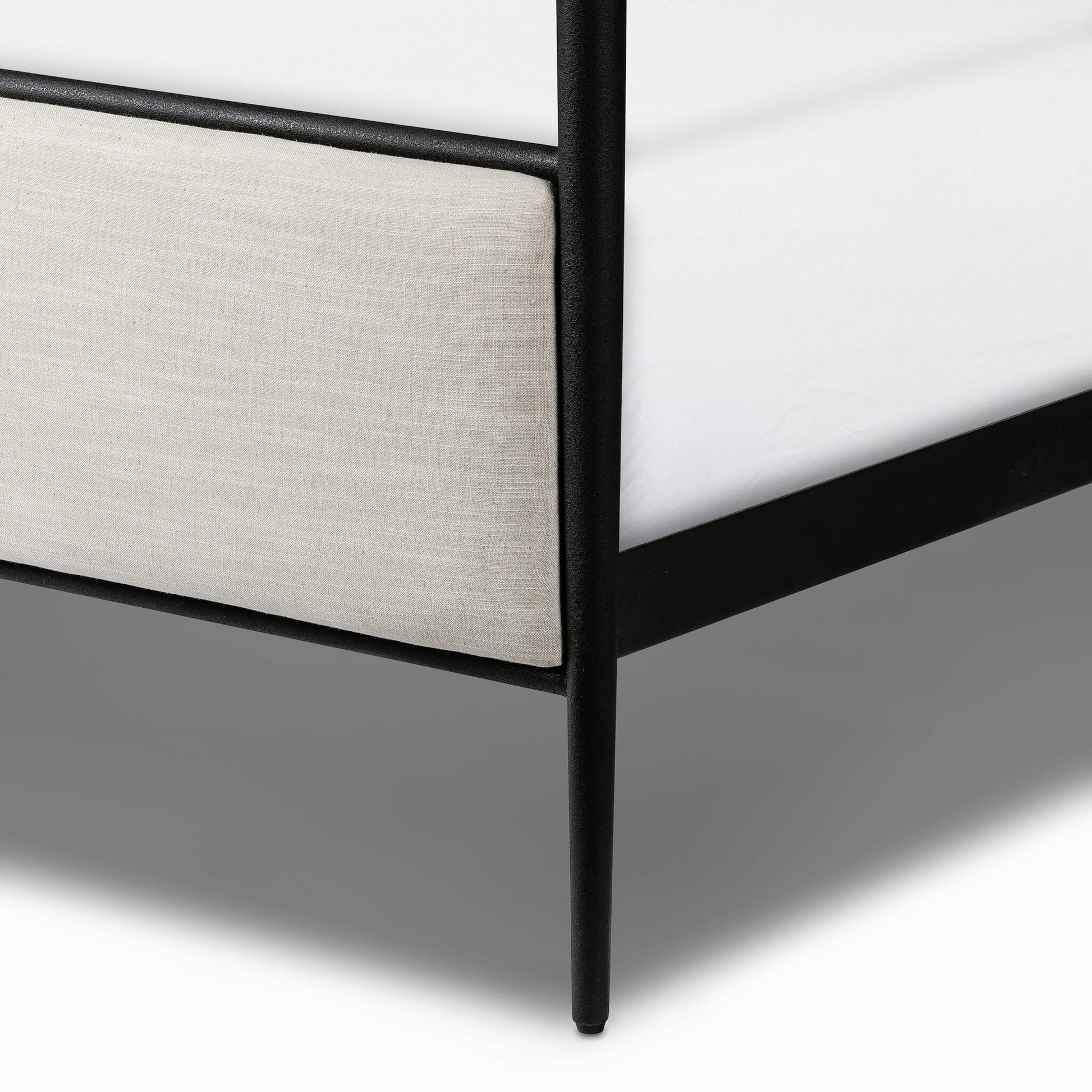 Xander Canopy Bed by Four Hands in savoy parchment, textured black iron. Made from 54% polyester, 36% viscose (rayon), 10% flax/linen, iron in a modern style.