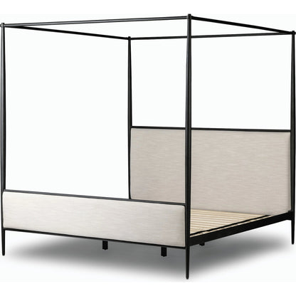 Xander Canopy Bed by Four Hands in savoy parchment, textured black iron. Made from 54% polyester, 36% viscose (rayon), 10% flax/linen, iron in a modern style.