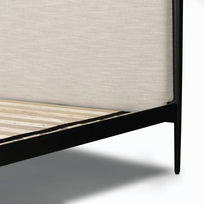 Xander Canopy Bed by Four Hands in savoy parchment, textured black iron. Made from 54% polyester, 36% viscose (rayon), 10% flax/linen, iron in a modern style.