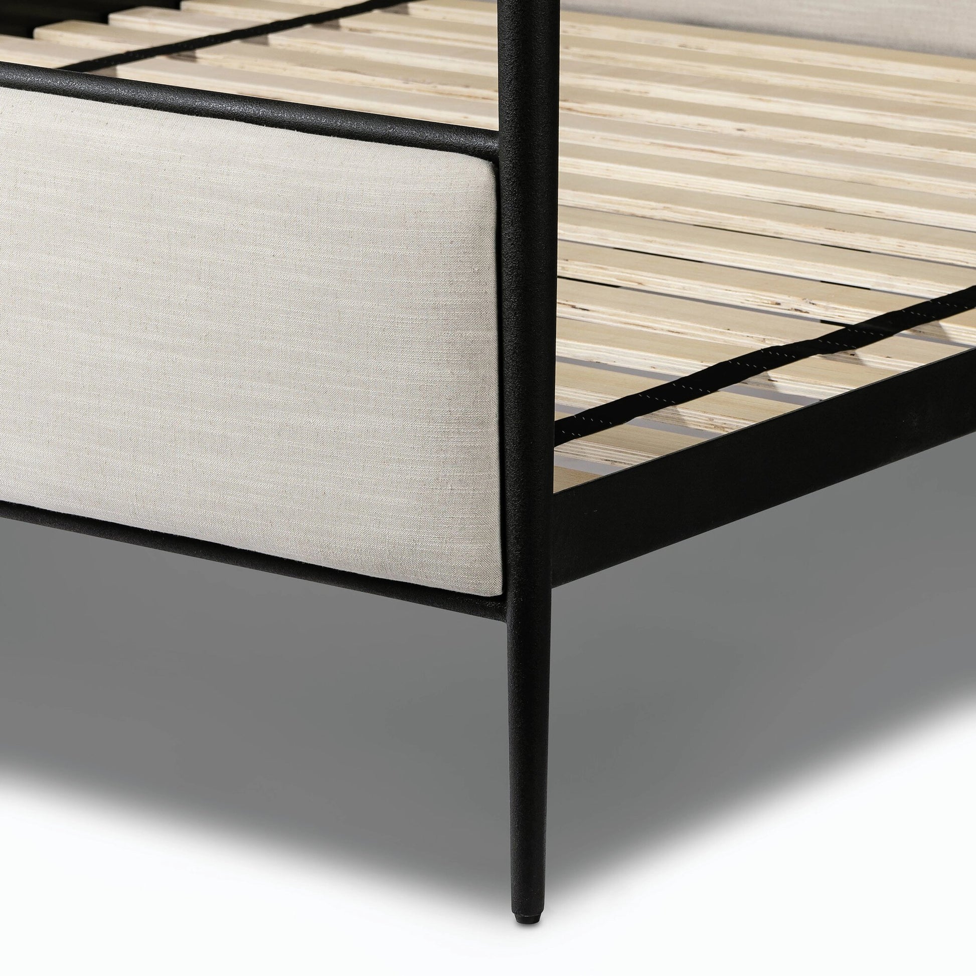 Xander Canopy Bed by Four Hands in savoy parchment, textured black iron. Made from 54% polyester, 36% viscose (rayon), 10% flax/linen, iron in a modern style.