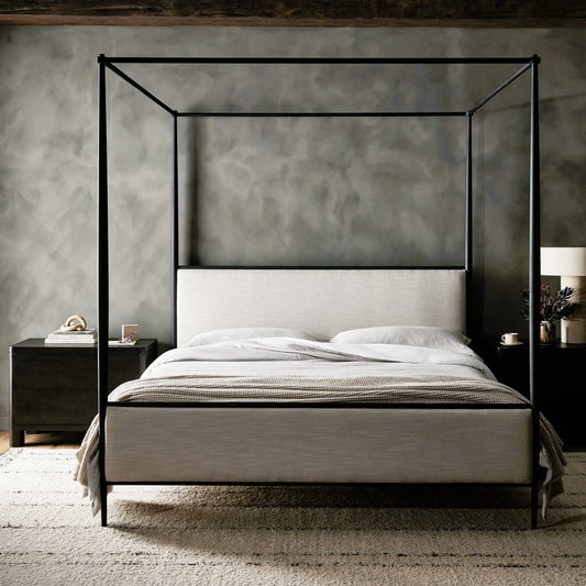 Xander Canopy Bed by Four Hands in savoy parchment, textured black iron. Made from 54% polyester, 36% viscose (rayon), 10% flax/linen, iron in a modern style.