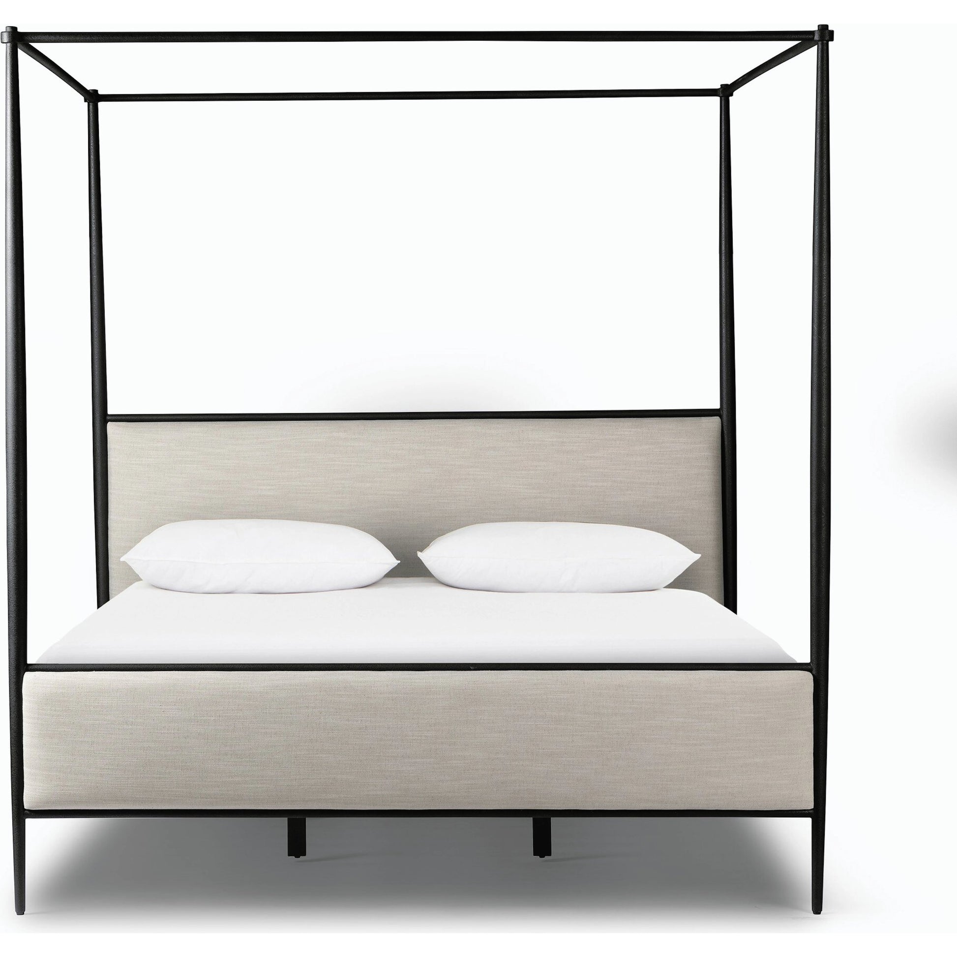 Xander Canopy Bed by Four Hands in savoy parchment, textured black iron. Made from 54% polyester, 36% viscose (rayon), 10% flax/linen, iron in a modern style.