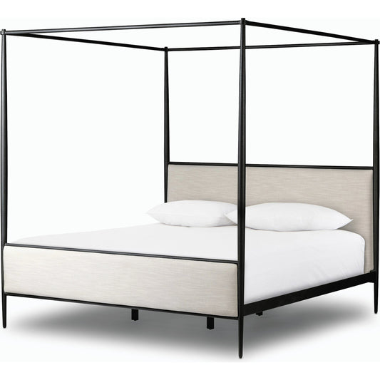 Xander Canopy Bed by Four Hands in savoy parchment, textured black iron. Made from 54% polyester, 36% viscose (rayon), 10% flax/linen, iron in a modern style.