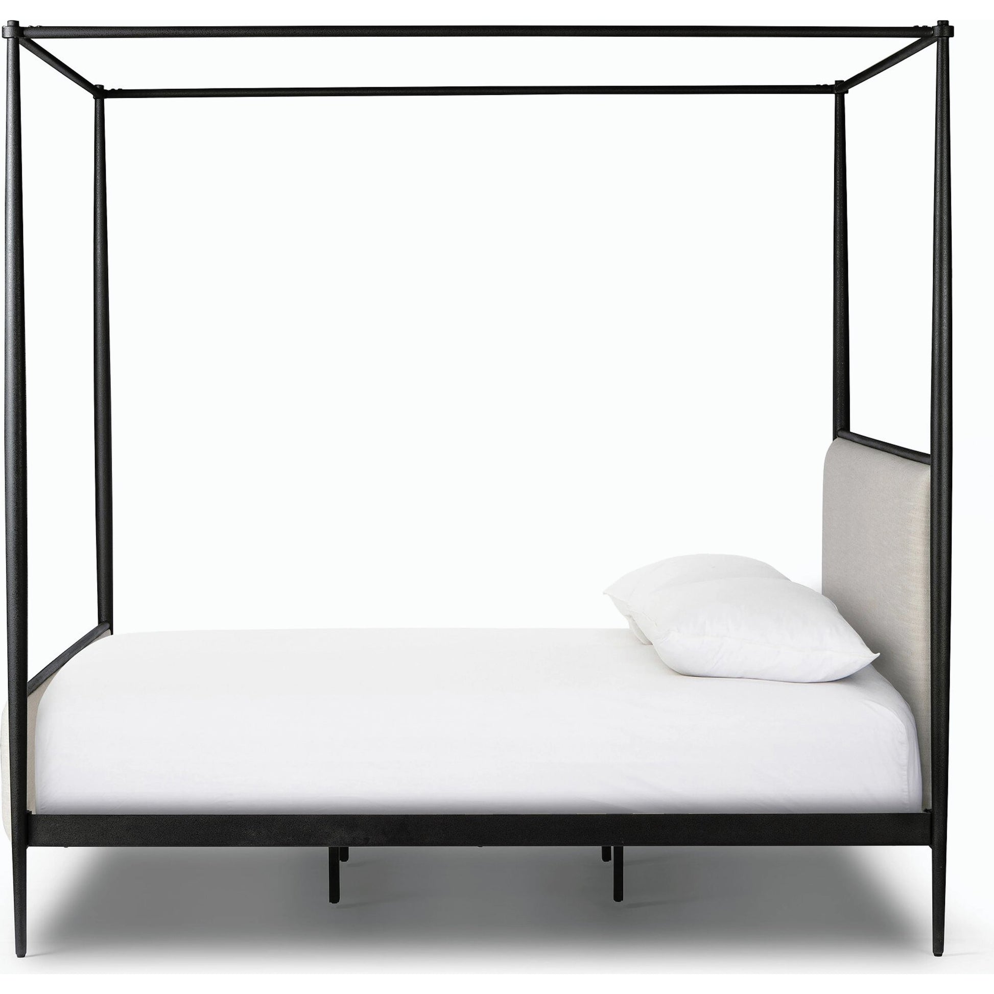 Xander Canopy Bed by Four Hands in savoy parchment, textured black iron. Made from 54% polyester, 36% viscose (rayon), 10% flax/linen, iron in a modern style.