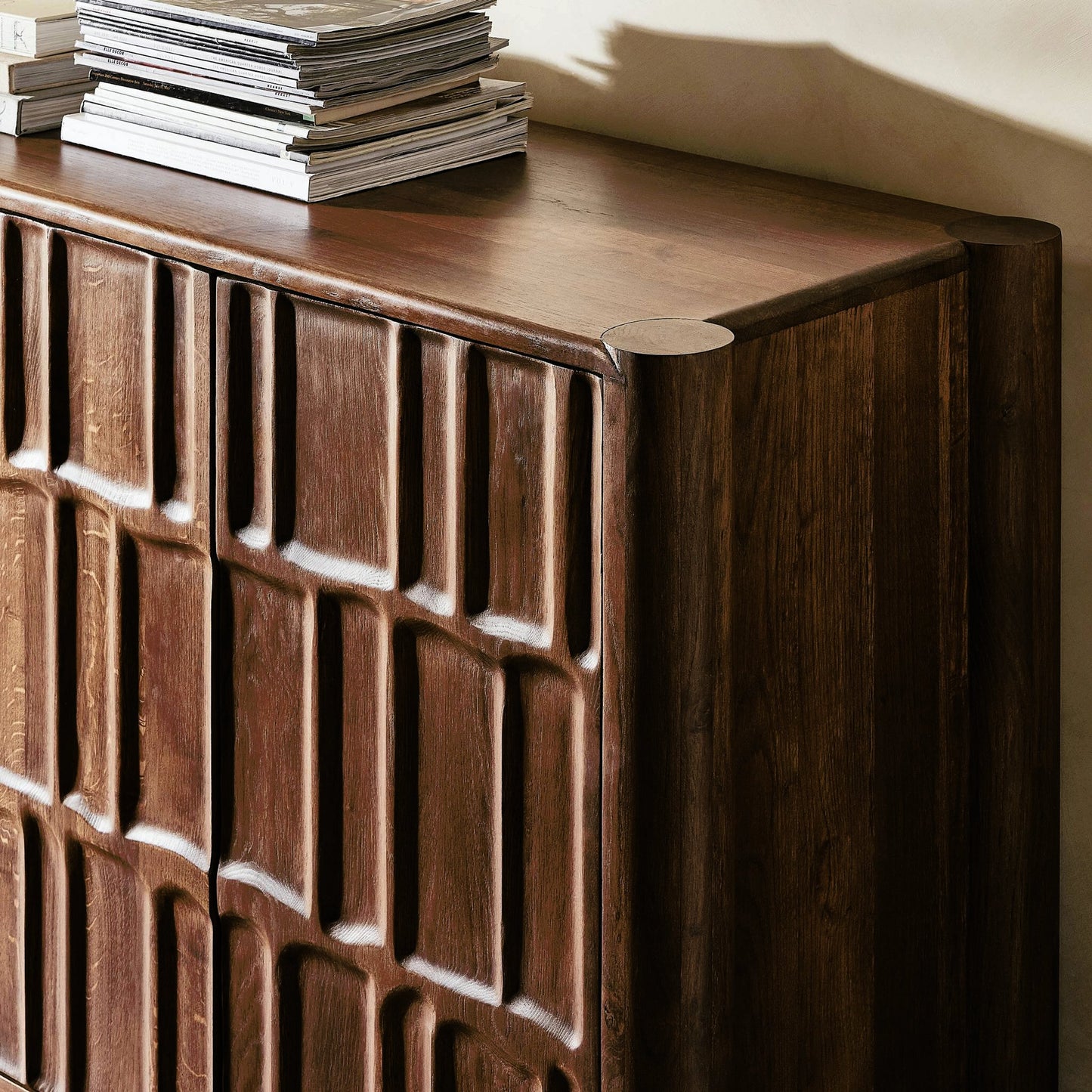 009 SI-2158153 | Closeup | Ezri Sideboard by Four Hands in cocoa oak. Made from solid oak in a modern style.