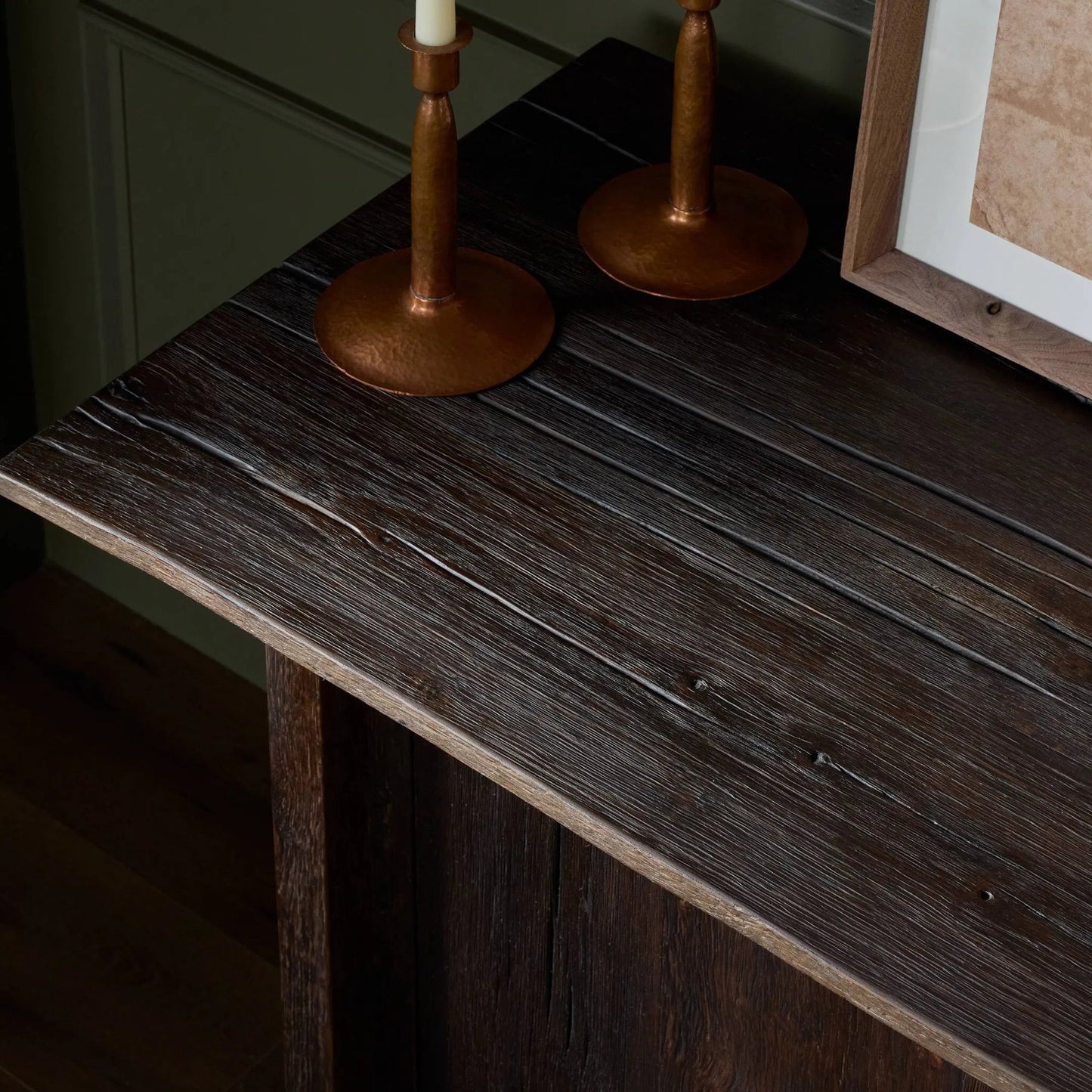 010 SI-2635308 | Closeup | Irina Sideboard by Four Hands in burnt resawn oak, black maple. Made from resawn oak veneer, light maple veneer in a unique style.
