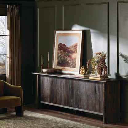 Irina Sideboard by Four Hands in burnt resawn oak, black maple. Made from resawn oak veneer, light maple veneer in a unique style.