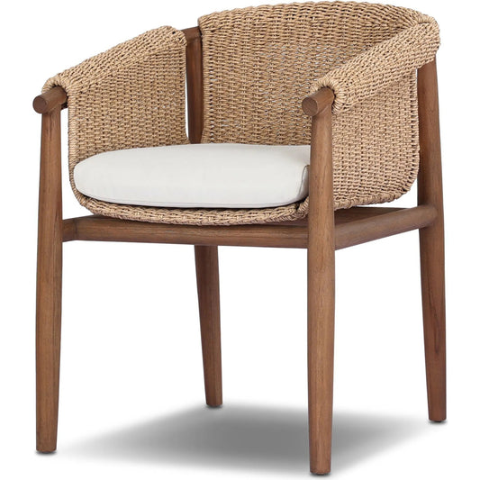Cambrie Outdoor Dining Chair by Four Hands in arashi salt, stained toasted brown, faux hyacinth. Made from 100% acrylic, solid teak, 100% polyethylene in a rustic style.