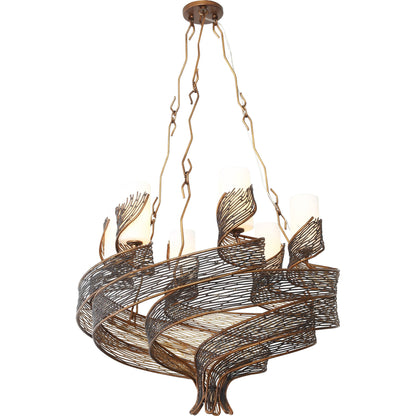 Flow Chandelier by Varaluz in hammered orange. Made from hammered ore, gloss opal in a modern style.