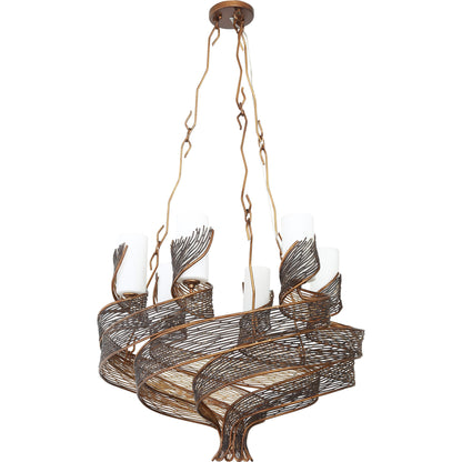 Flow Chandelier by Varaluz in hammered orange. Made from hammered ore, gloss opal in a modern style.