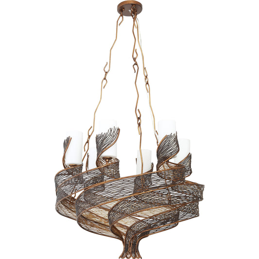 Flow Chandelier by Varaluz in hammered orange. Made from hammered ore, gloss opal in a modern style.