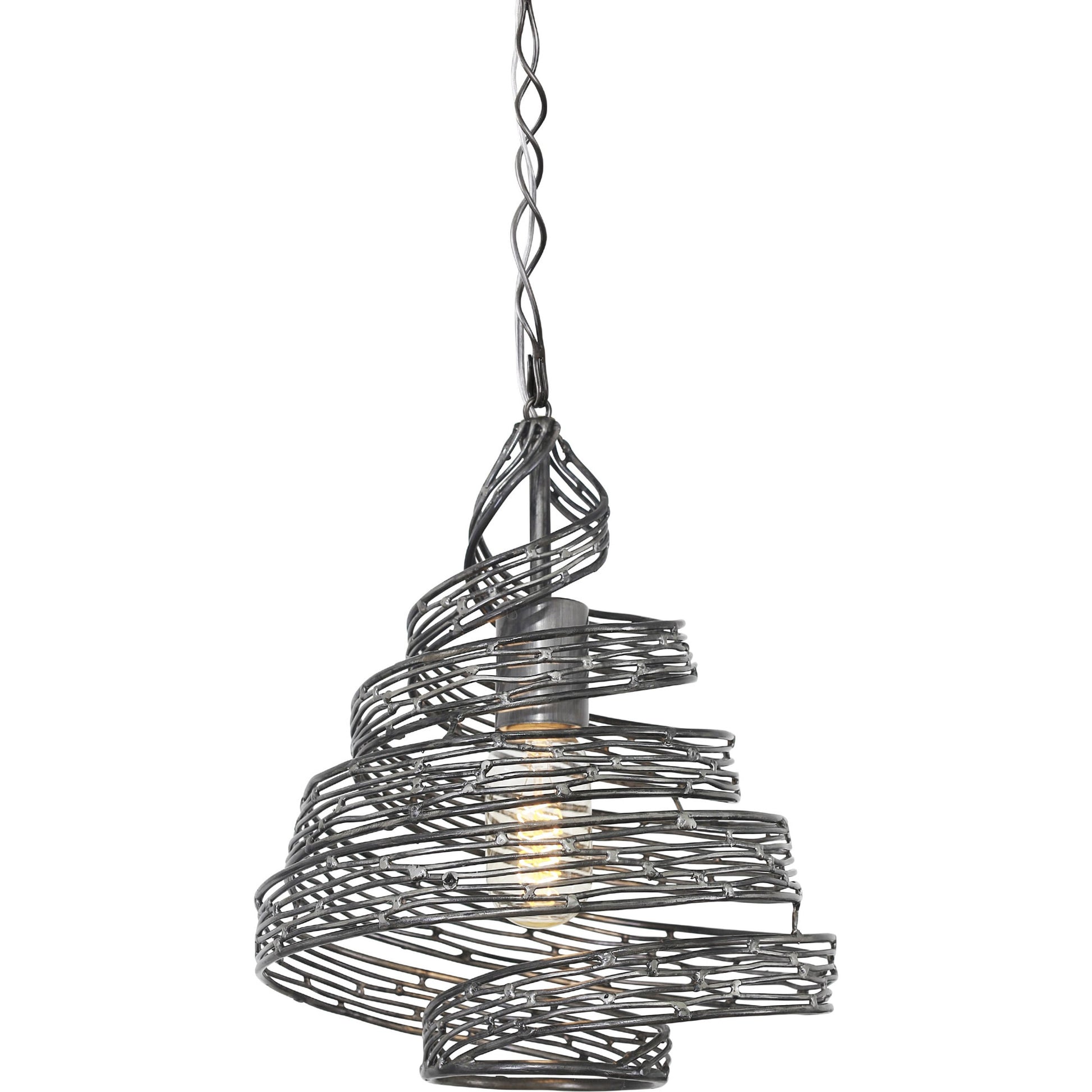 Flow III Twist Mini Pendant by Varaluz in hammered ore. Made from hammered ore in a modern style.