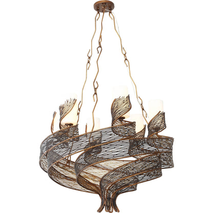 Flow Chandelier by Varaluz in hammered orange. Made from hammered ore, gloss opal in a modern style.