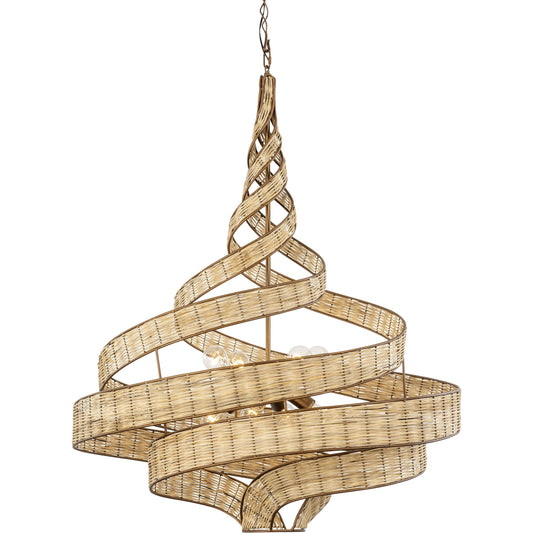 Flow II Twist 8-Light Pendant by Varaluz in baguette/natural rattan. Made from unique in a modern style.