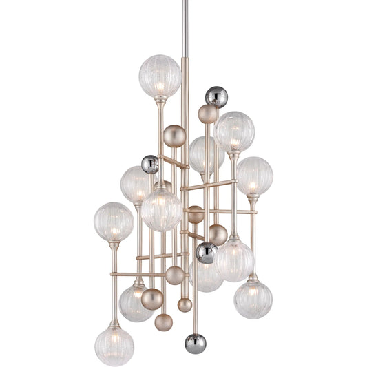 Majorette 12-Light Chandelier by Corbett in silver leaf with polished chrome. Made from crafted iron in a unique style.