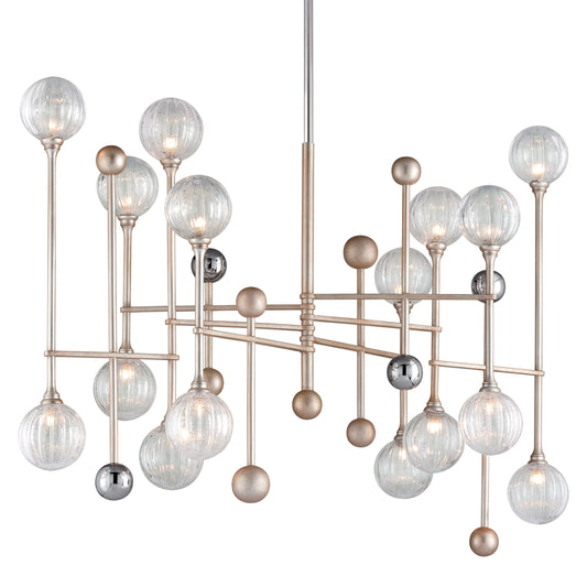 Majorette 16-Light Linear Chandelier by Corbett in silver leaf with polished chrome. Made from hand crafted iron in a modern style.