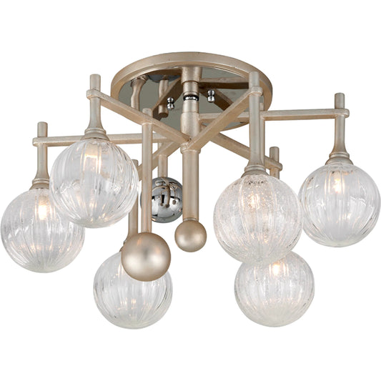 Majorette Semi Flush by Corbett in silver leaf with polished chrome. Made from hand crafted iron in a unique style.