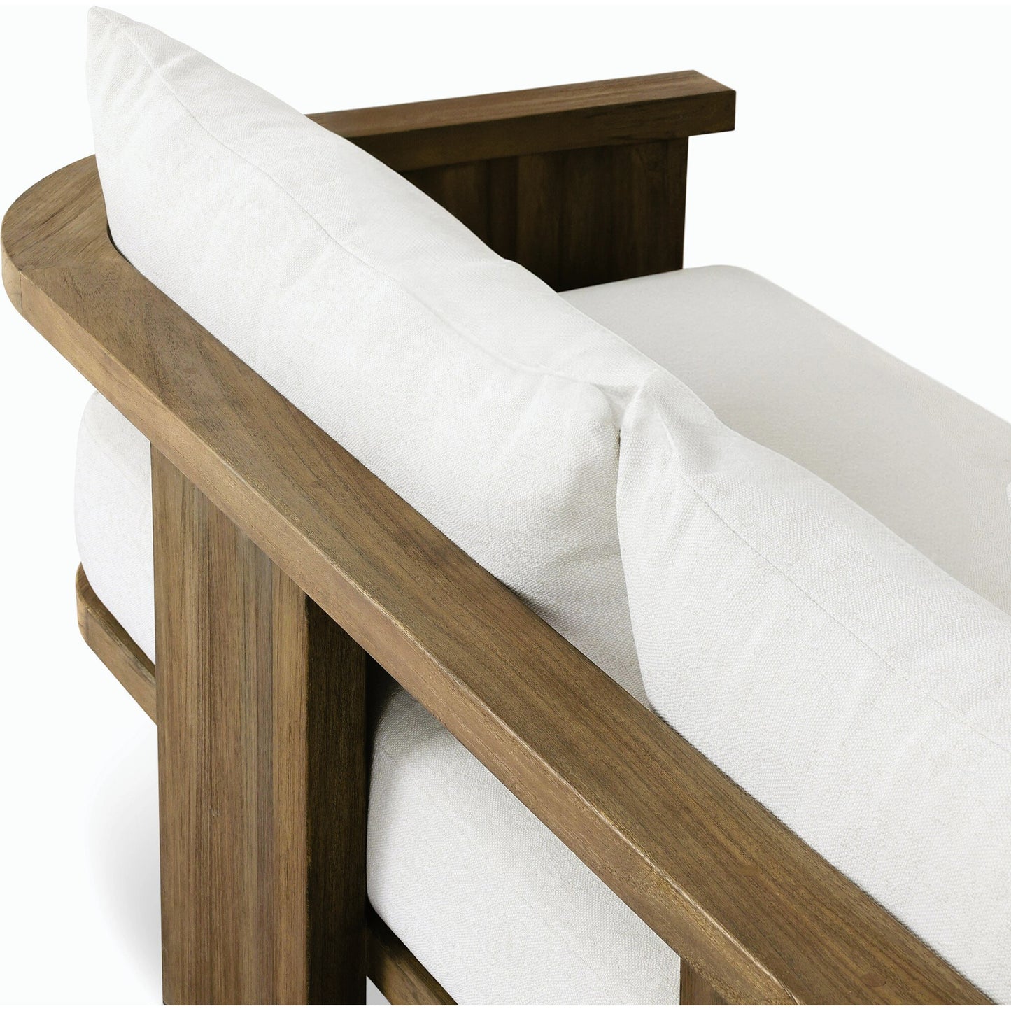 008 SI-2158529 | Closeup | Tahana Outdoor Sofa-96" by Four Hands in alessi linen, stained toasted brown-fsc. Made from 100% polypropylene, solid fsc®-certified teak, 59% polyurethane foam, 30% polyester fiber, 11% polyester fiber batting in a modern style.