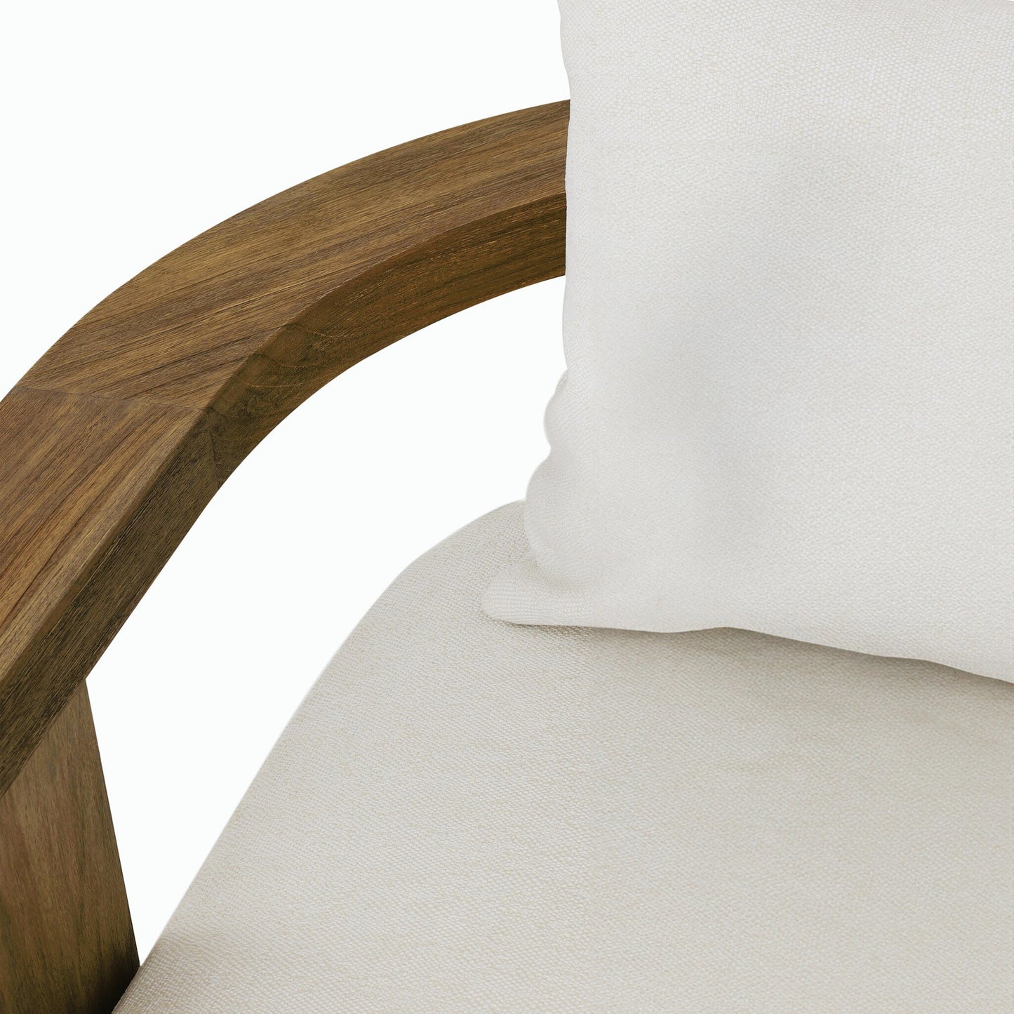 009 SI-2158529 | Closeup | Tahana Outdoor Sofa-96" by Four Hands in alessi linen, stained toasted brown-fsc. Made from 100% polypropylene, solid fsc®-certified teak, 59% polyurethane foam, 30% polyester fiber, 11% polyester fiber batting in a modern style.