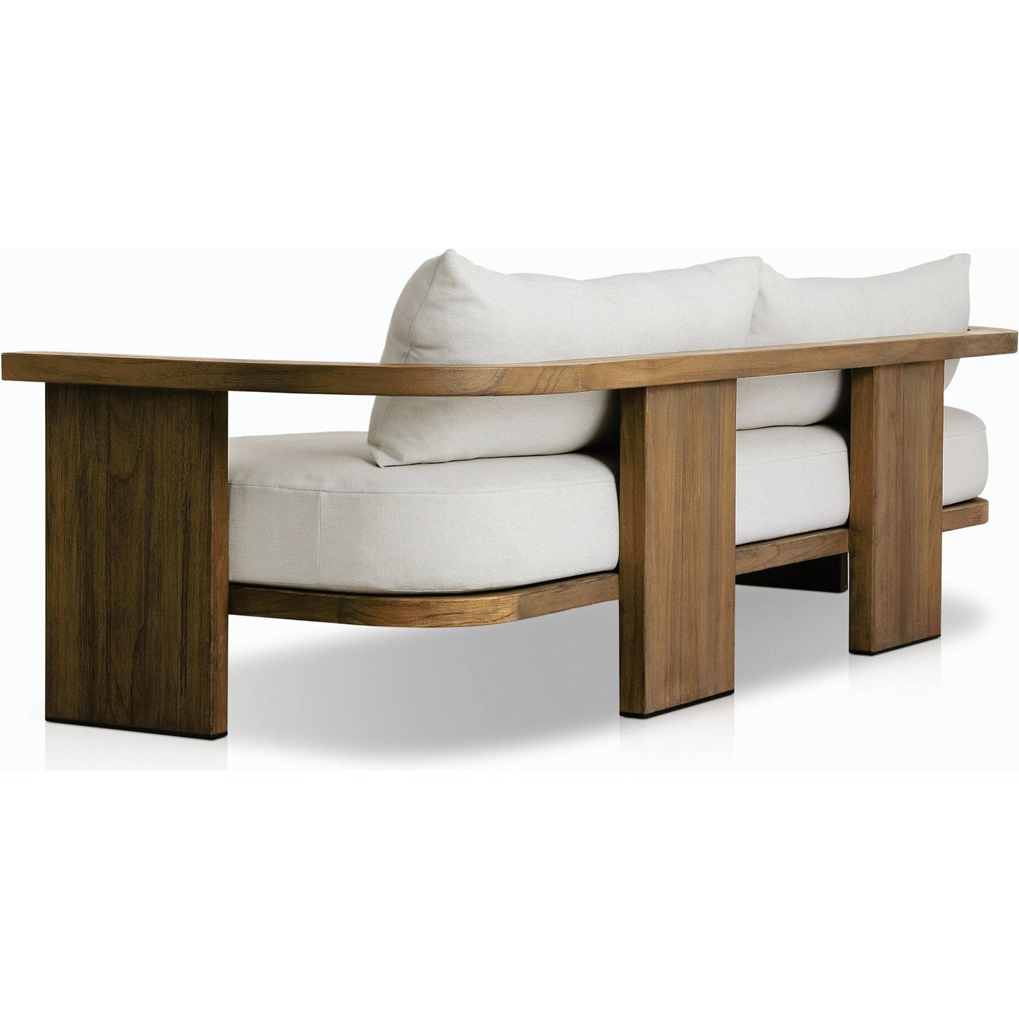 012 SI-2158529 | Closeup | Tahana Outdoor Sofa-96" by Four Hands in alessi linen, stained toasted brown-fsc. Made from 100% polypropylene, solid fsc®-certified teak, 59% polyurethane foam, 30% polyester fiber, 11% polyester fiber batting in a modern style.