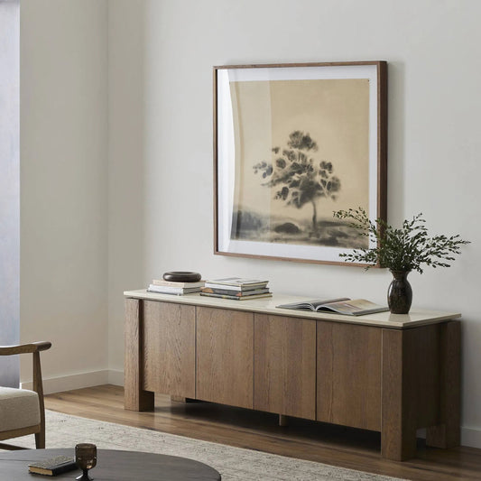 Gibbs Media Console by Four Hands in tan oak veneer. Made from oak veneer, solid oak in a transitional style.