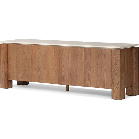 Gibbs Media Console by Four Hands in tan oak veneer. Made from oak veneer, solid oak in a transitional style.