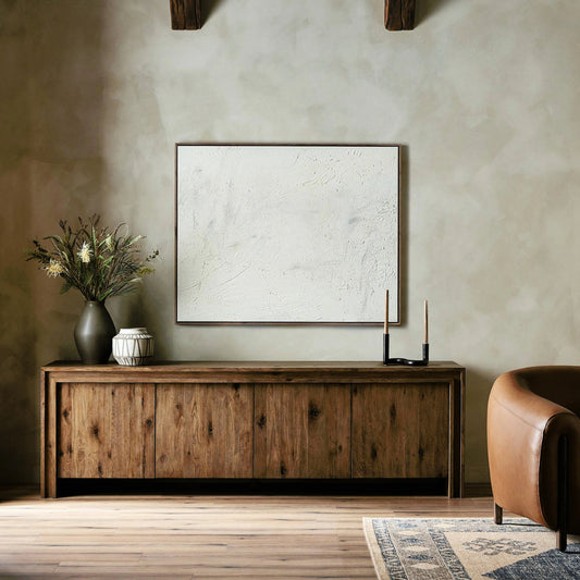 Chalmers Media Console by Four Hands in weathered oak veneer. Made from thick oak veneer, solid oak in a modern style.