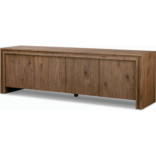 Chalmers Media Console by Four Hands in weathered oak veneer. Made from thick oak veneer, solid oak in a modern style.