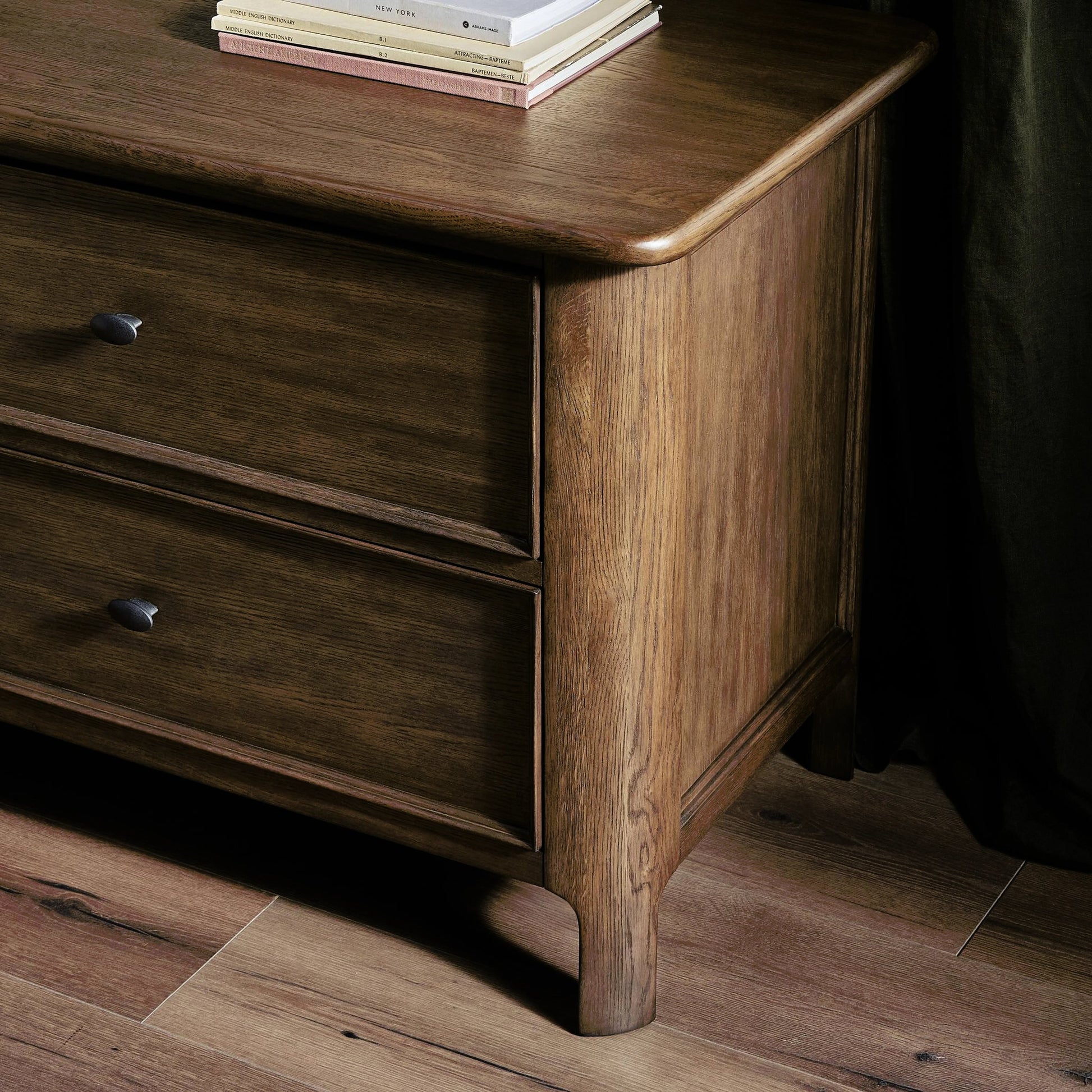 Russ Nightstand by Four Hands in aged oak, aged oak veneer and aged oak. Made from solid oak, oak veneer in a modern style.