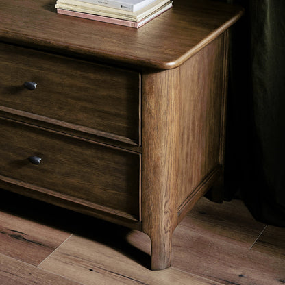Russ Nightstand by Four Hands in aged oak, aged oak veneer and aged oak. Made from solid oak, oak veneer in a modern style.
