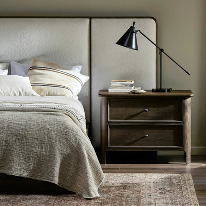 Russ Nightstand by Four Hands in aged oak, aged oak veneer and aged oak. Made from solid oak, oak veneer in a modern style.