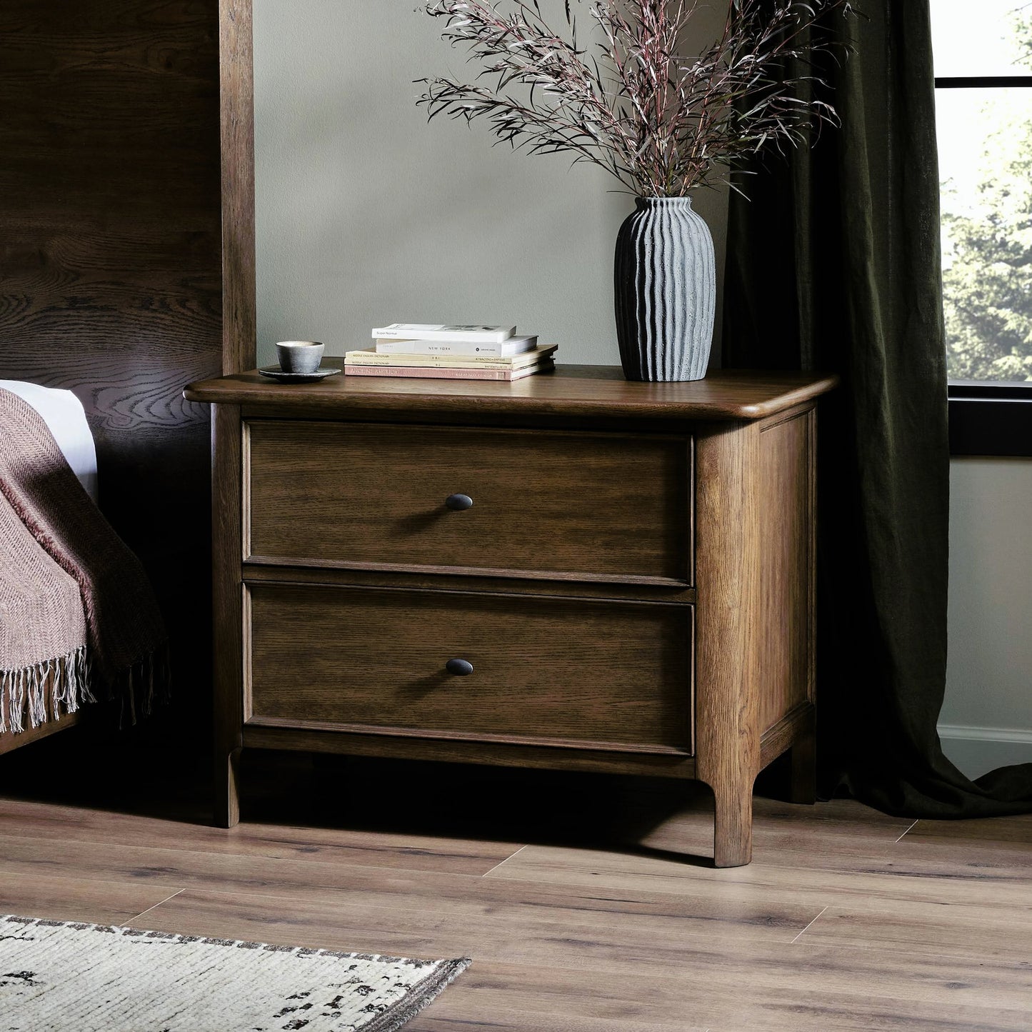 015 SI-2158433 | Lifestyle | Russ Nightstand by Four Hands in aged oak, aged oak veneer and aged oak. Made from solid oak, oak veneer in a modern style.