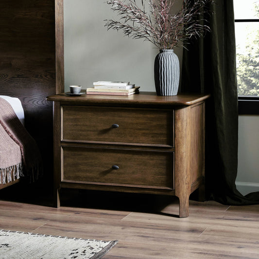 Russ Nightstand by Four Hands in aged oak, aged oak veneer and aged oak. Made from solid oak, oak veneer in a modern style.