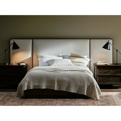 Regan Bed by Four Hands in crete ivory, rustic fawn, rustic fawn veneer. Made from 100% polyester, solid oak, resawn oak in a modern style.