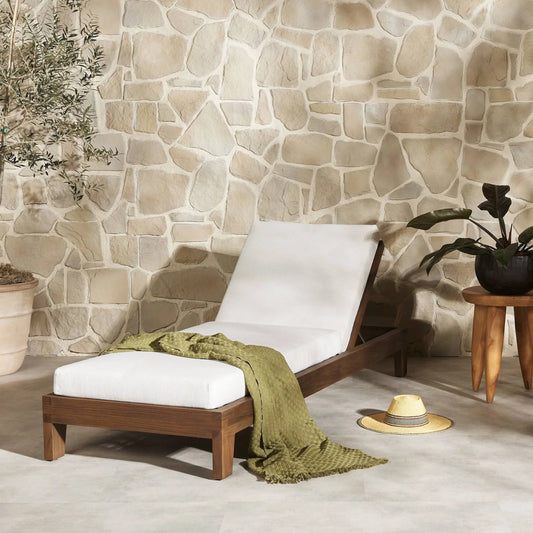Verona Outdoor Chaise by Four Hands in alessi linen, stained toasted brown-fsc. Made from 100% polypropylene, solid fsc®-certified teak in a unique style.