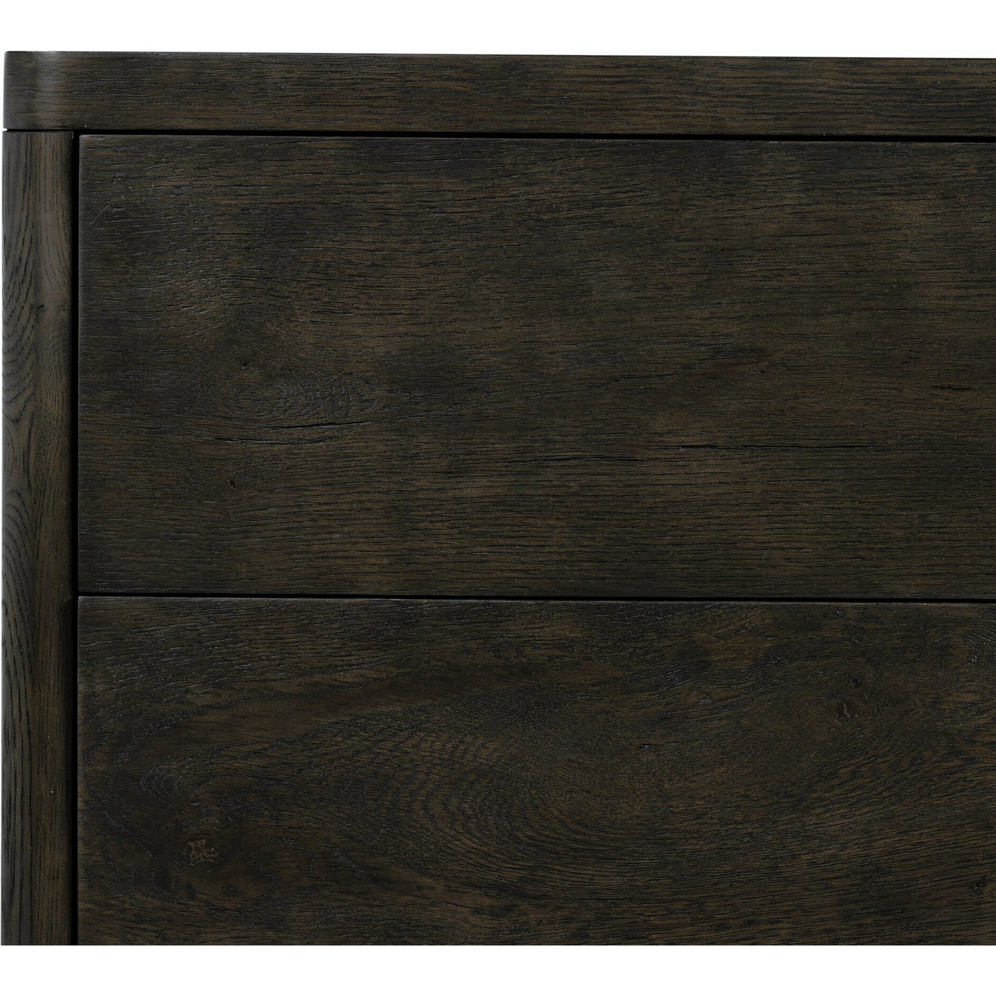 005 SI-2158338 | Closeup | Noeline Nightstand by Four Hands in smoked black oak veneer. Made from thick oak veneer, solid oak in a modern style.