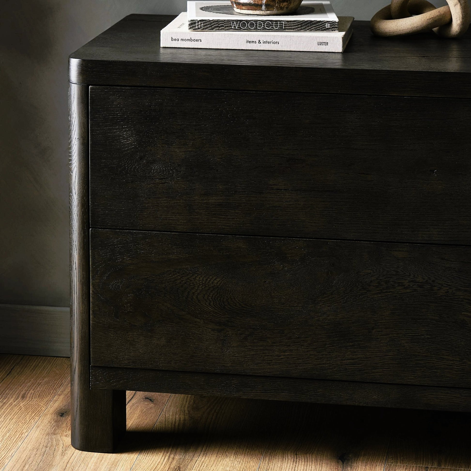 Noeline Nightstand by Four Hands in smoked black oak veneer. Made from thick oak veneer, solid oak in a modern style.