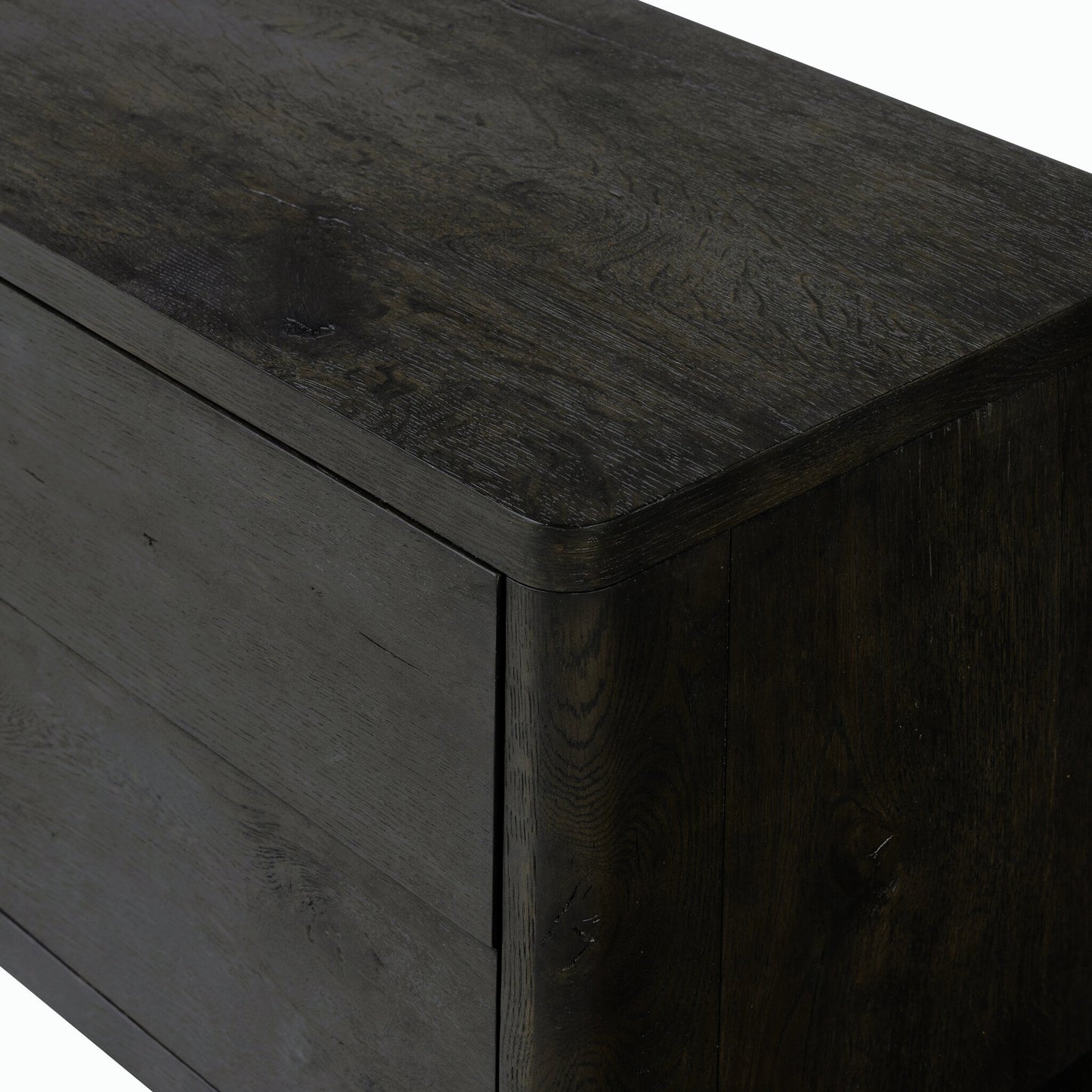 007 SI-2158338 | Closeup | Noeline Nightstand by Four Hands in smoked black oak veneer. Made from thick oak veneer, solid oak in a modern style.