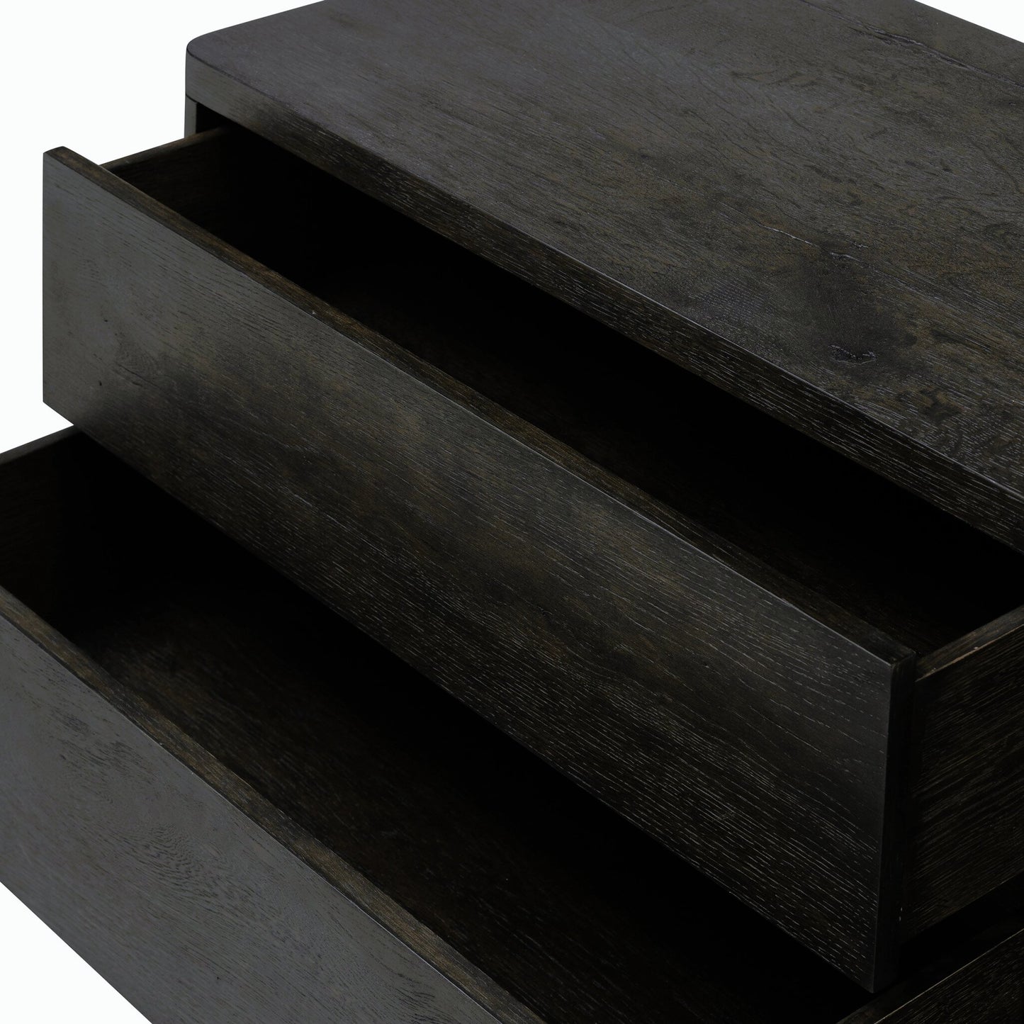 010 SI-2158338 | Closeup | Noeline Nightstand by Four Hands in smoked black oak veneer. Made from thick oak veneer, solid oak in a modern style.