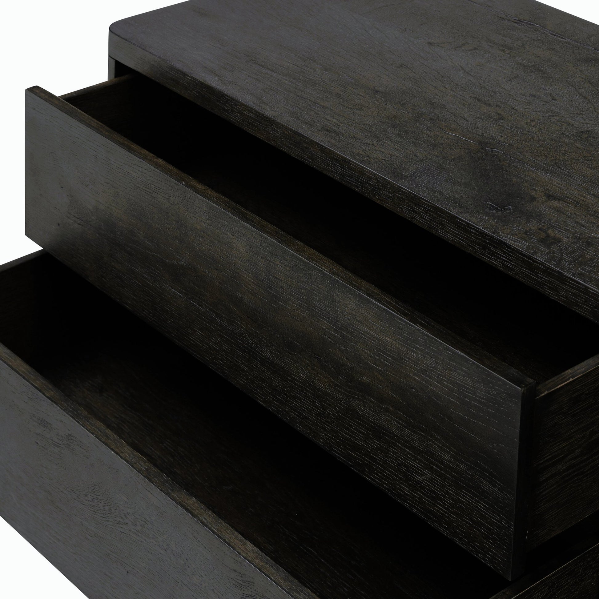 Noeline Nightstand by Four Hands in smoked black oak veneer. Made from thick oak veneer, solid oak in a modern style.