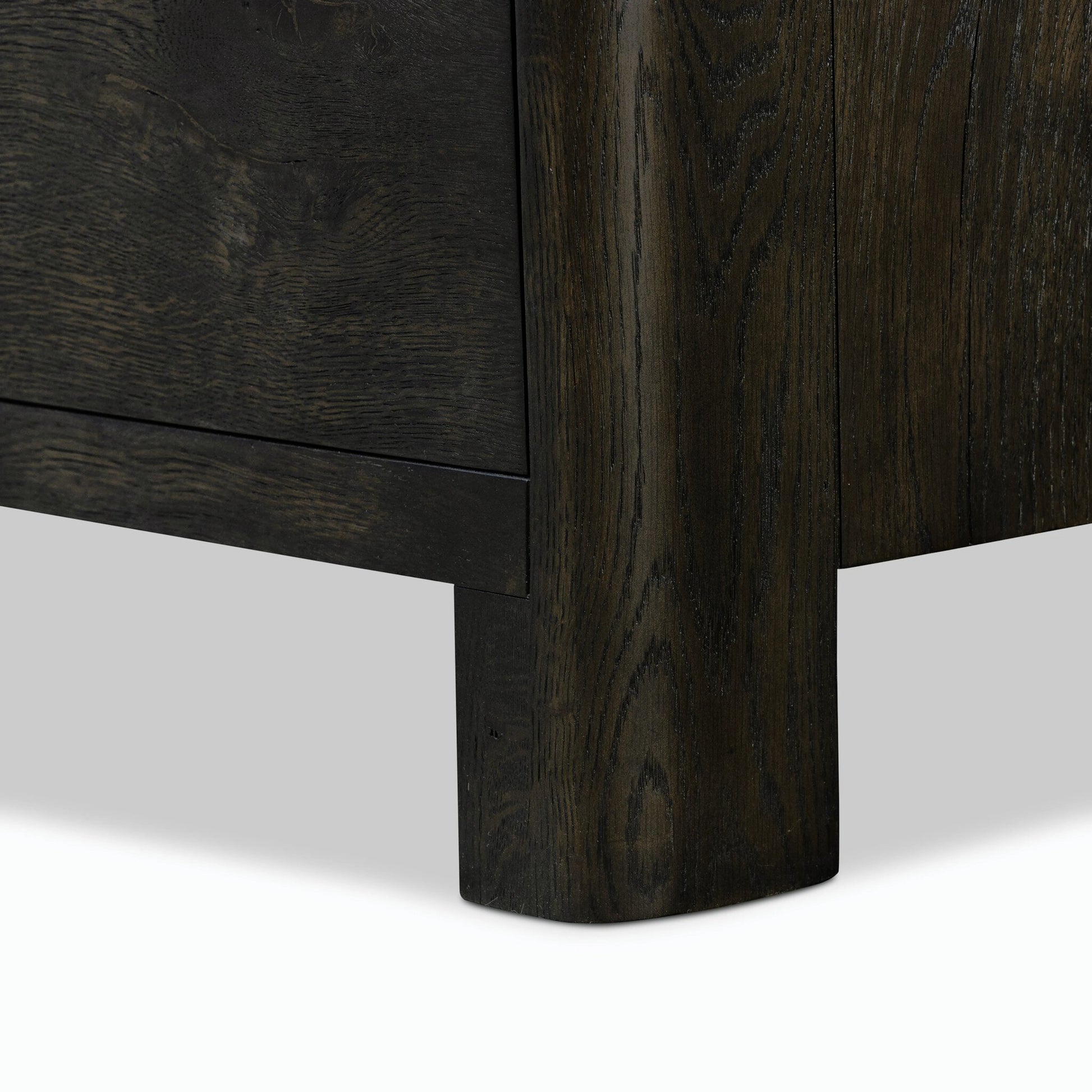 Noeline Nightstand by Four Hands in smoked black oak veneer. Made from thick oak veneer, solid oak in a modern style.