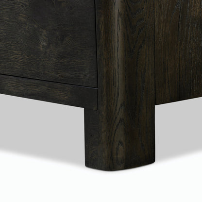Noeline Nightstand by Four Hands in smoked black oak veneer. Made from thick oak veneer, solid oak in a modern style.