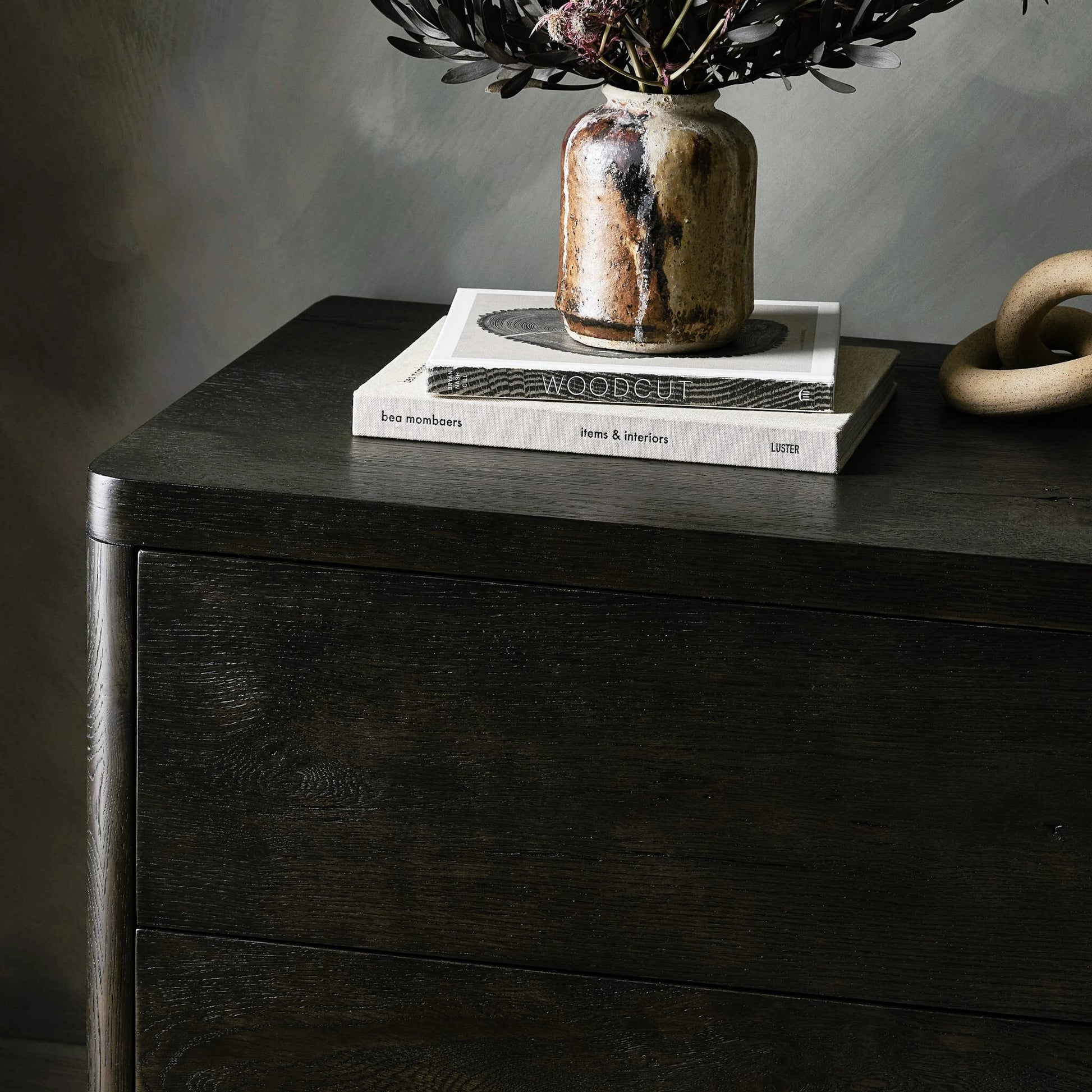 Noeline Nightstand by Four Hands in smoked black oak veneer. Made from thick oak veneer, solid oak in a modern style.