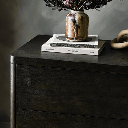 Noeline Nightstand by Four Hands in smoked black oak veneer. Made from thick oak veneer, solid oak in a modern style.