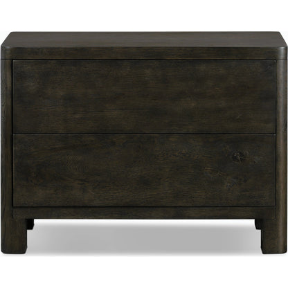 Noeline Nightstand by Four Hands in smoked black oak veneer. Made from thick oak veneer, solid oak in a modern style.